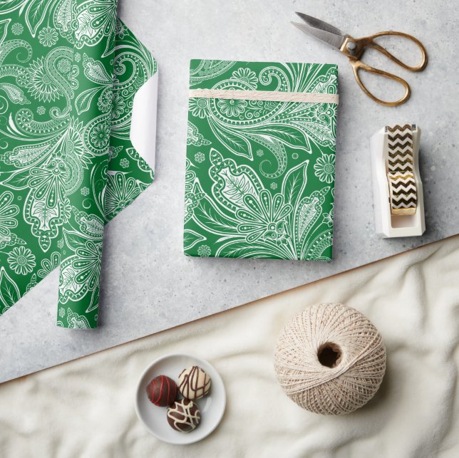 Waldgrün und Weiß Vintag Paisley Geschenkpapier (Kunsthandwerk)