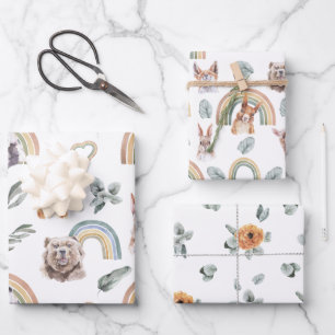 Waldgrün   Waldtiere & Regenbögen Geschenkpapier Set