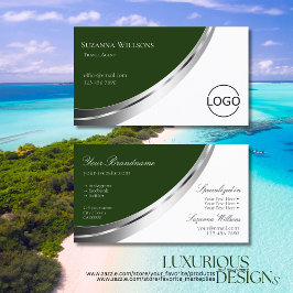 Waldgrün weiß mit Silberdekor und Logo Visitenkarte