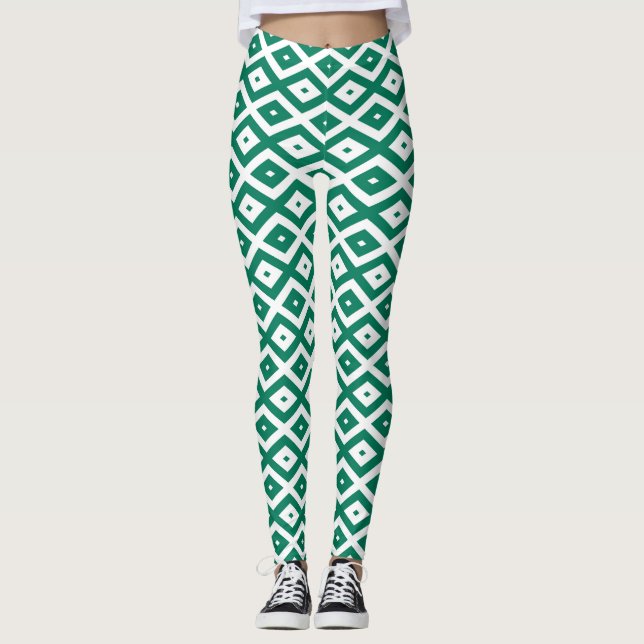 Waldgrün-weiße Rautenmuster Leggings (Vorderseite)