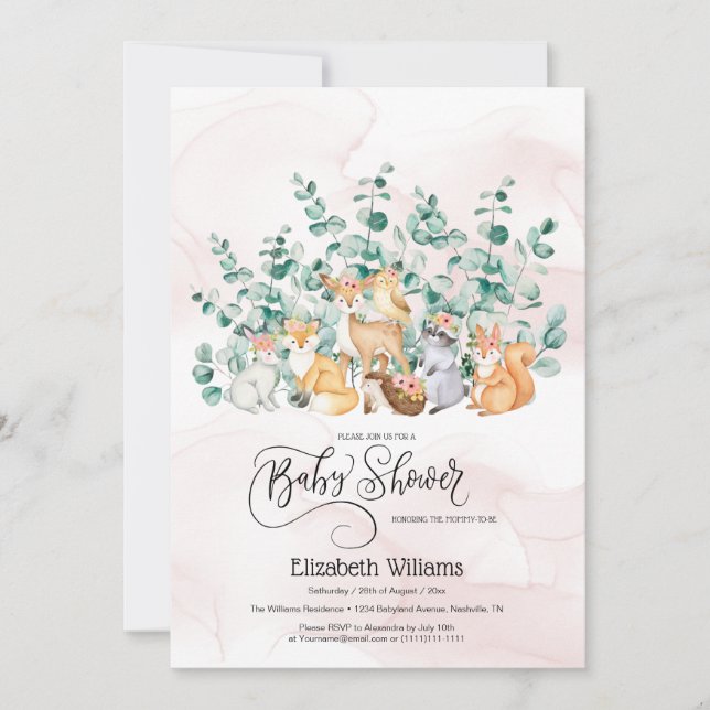 Waldgrün Wildtiere Babydusche Einladung (Vorderseite)