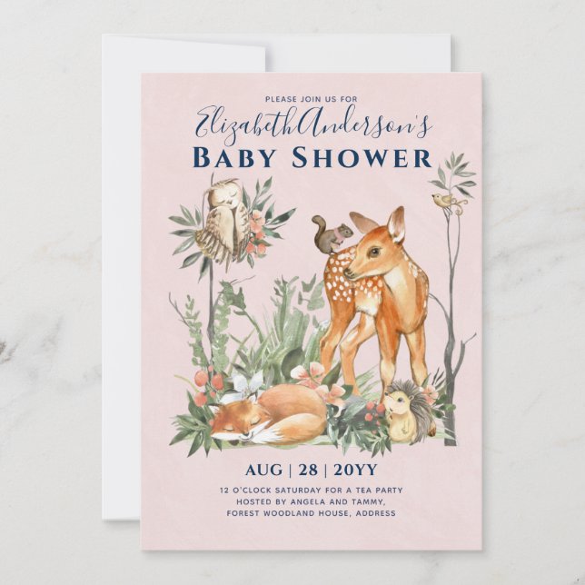 Waldgrün Wildtiere Babydusche Einladung (Vorderseite)