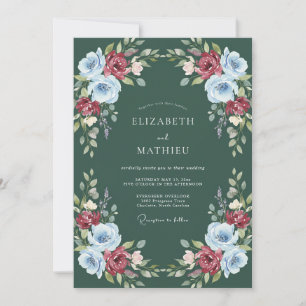 Waldgrüne Aquarell-Blumenhochzeit Einladung