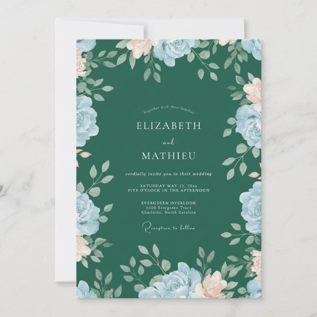 Waldgrüne blaue Blumenhochzeit Einladung (Vorderseite)