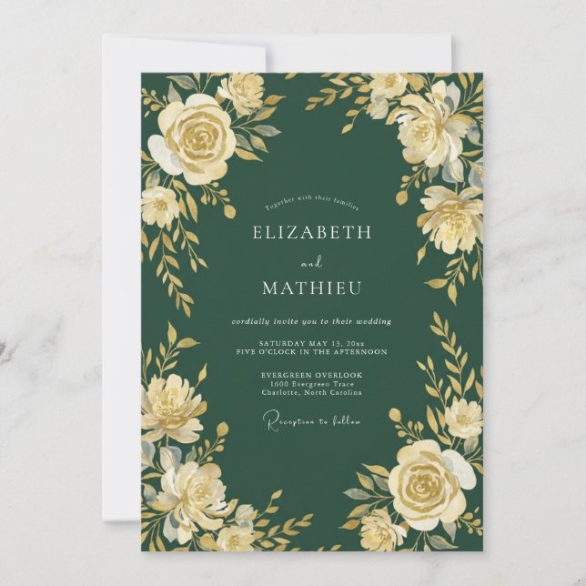 Waldgrüne florale Hochzeit Einladung (Vorderseite)
