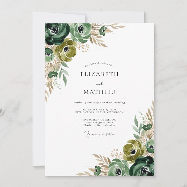 Waldgrüne florale Pinselstrich-Hochzeit Einladung (Vorderseite)