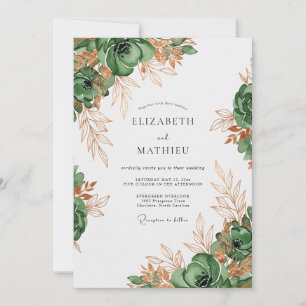 Waldgrüne glänzende botanische Hochzeit Einladung