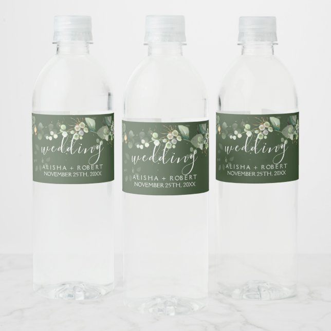 Waldgrüne Hochzeit Wasserflaschenetikett (Flaschen)