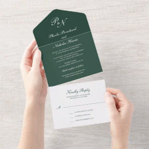 Waldgrüne klassische elegante Hochzeit All In One Einladung