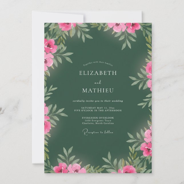 Waldgrüne lebendige florale Hochzeit Einladung (Vorderseite)