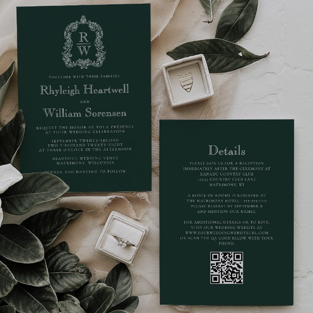 Waldgrüne Monogramm-Wappen-QR-Code-Hochzeit Einladung (Von Creator hochgeladen)