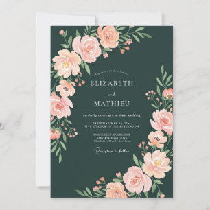 Waldgrüne romantische Pfirsich-Blumenhochzeit Einladung