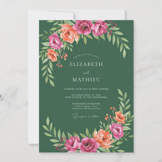 Waldgrüne rosa Pfirsich-Botanical-Hochzeit Einladung (Vorderseite)