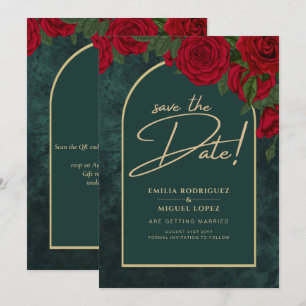 Waldgrüne Rote Rosen Winter SAVE THE DATE Einladung