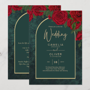 Waldgrüne Rote Rosen Winterhochzeit Einladung