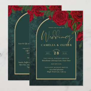 Waldgrüne Rote Rosen Winterhochzeit Einladung
