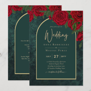 Waldgrüne Rote Rosen Winterhochzeit Einladung