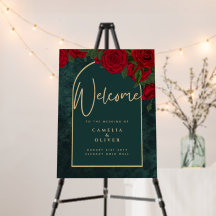 Waldgrüne Rote Rosen Winterhochzeit WELCOME SIGN