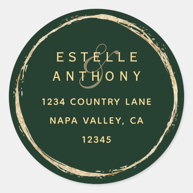 Waldgrüne, rustikale Goldverliebte und Rücksendead Runder Aufkleber (Vorderseite)