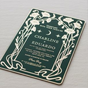 Waldgrüne und goldene Art Nouveau-Hochzeitseinladu Folieneinladung