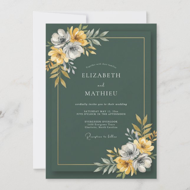 Waldgrüne Wildblumenhochzeit Einladung (Vorderseite)