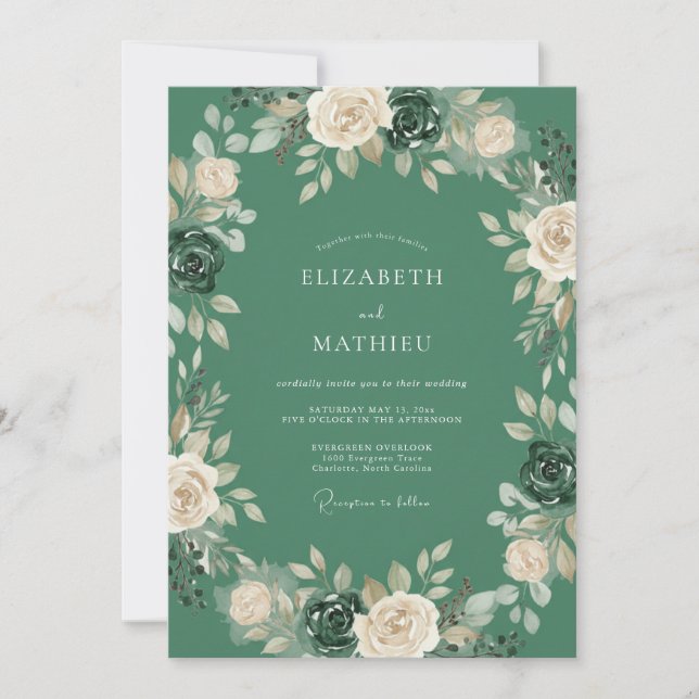 Waldgrüne zeitlose Rosenhochzeit Einladung (Vorderseite)