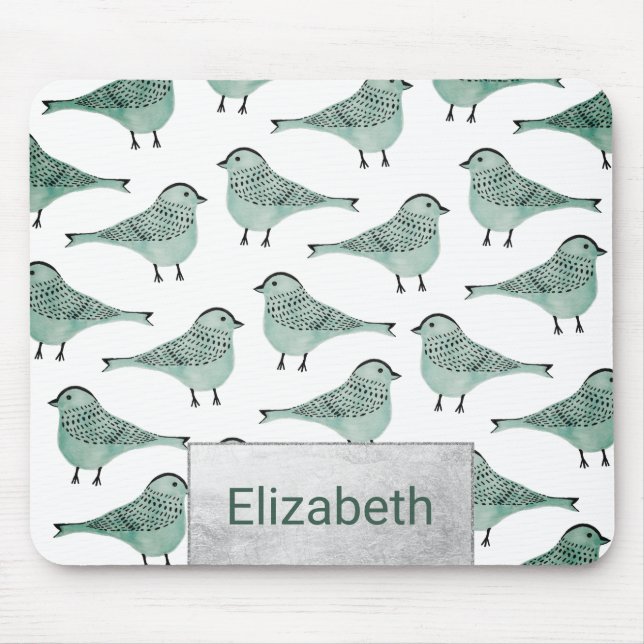 Waldgrüner Aquarellvogel, schwarze Pinselstriche Mousepad (Vorne)