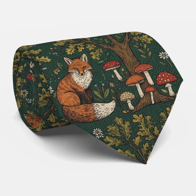 Waldgrüner Fuchs und Pilze  Krawatte (Gerollt)