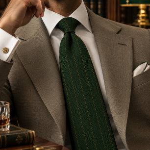 Waldgrüner Herringbone-Tweed mit feiner Pinstripe Krawatte