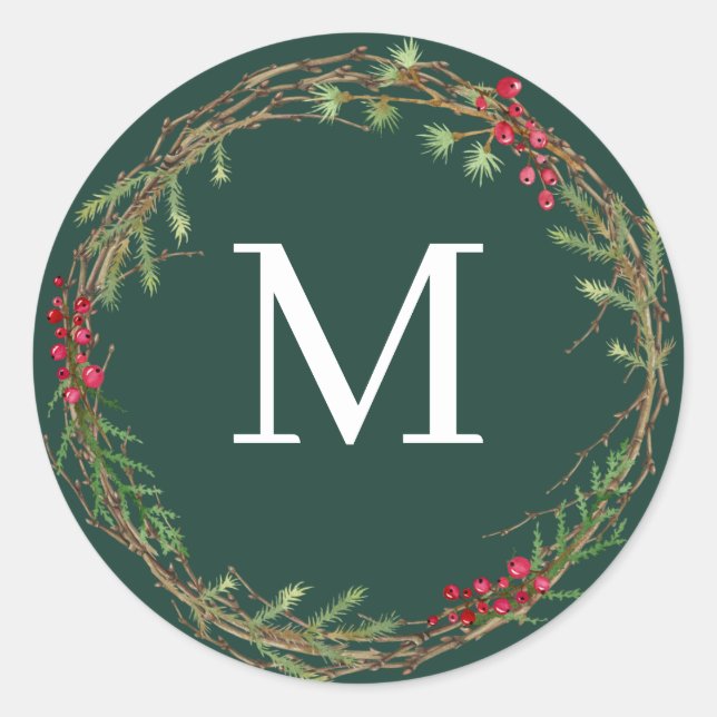 Waldgrüner Weihnachtskranz Monogrammsiegel Runder Aufkleber (Vorderseite)