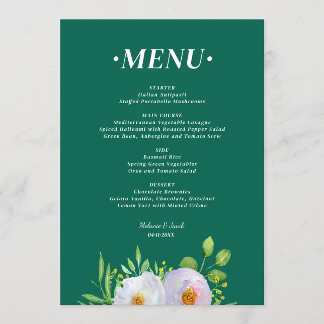 Waldgrünes Blumen Hochzeitsmenü zum Ausdrucken Menükarte (Vorderseite)