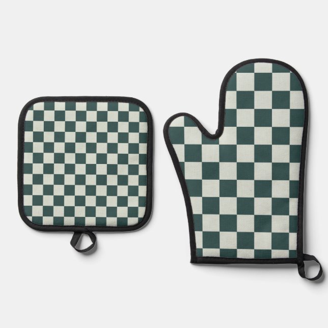 Waldgrünes Moos-Karo-Muster Ofenhandschuh & Topflappen-Set (Vorderseite)