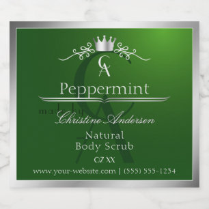 Waldgrünes Produktlabel Silberrahmen Monogramm Alkoholflaschenetikett