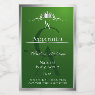 Waldgrünes Produktlabel Silberrahmen Monogramm Lebensmitteletikett