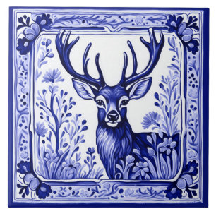 Waldhirsch Blau-Weiß-Folk-Art-Tierkunst Fliese