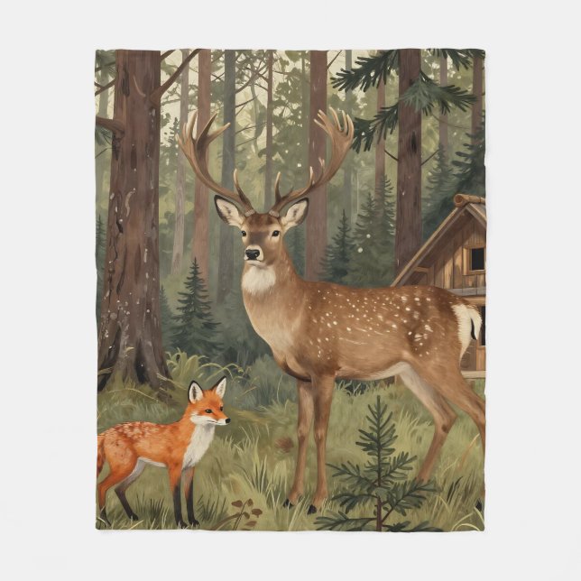Waldhirsch-Fuchs-Waldhütte-Szene Fleecedecke (Vorderseite)