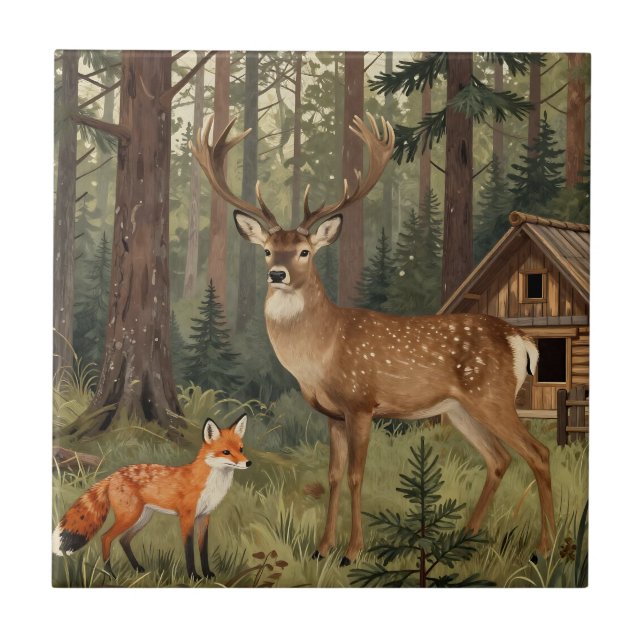 Waldhirsch-Fuchs-Waldhütte-Szene Fliese (Vorderseite)