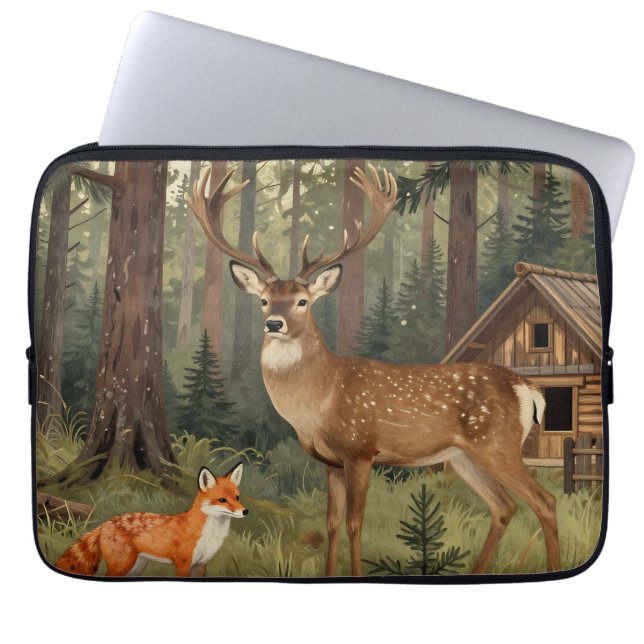 Waldhirsch-Fuchs-Waldhütte-Szene Laptopschutzhülle (Vorderseite)