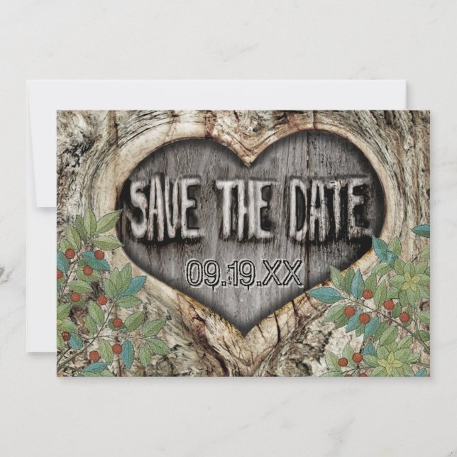 Waldhochzeit Rustikales Herz im Baum Save the Date (Vorderseite)