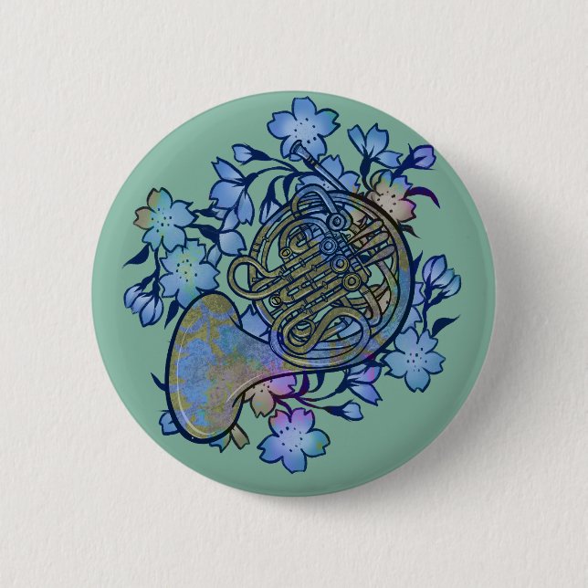 Waldhorn Blaue Blumen Band Klasse                Button (Vorderseite)