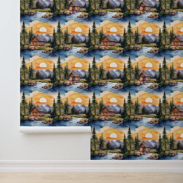 Waldhügel Cabin Creek Sunset Mountains Tapete (Anwendung)