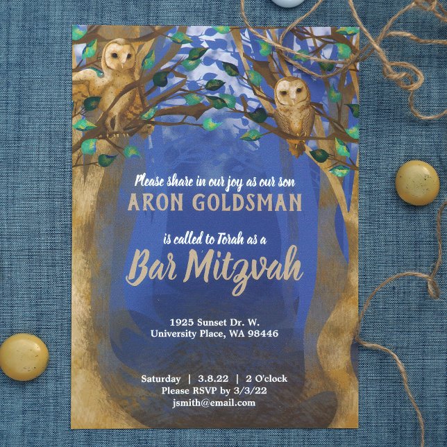 Waldhühner, Blauer, Beige Bar Mitzvah laden ein Einladung (brown, blue rustic forest owls in trees, leafy green bar mitzvah invitations, young man's birthday)