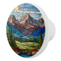 Waldige Bergszene im Stil von altem Buntglas
