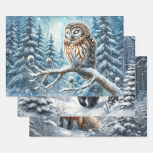 Waldkauz Ruhiger Winterwald Wildtiere Geschenkpapier Set