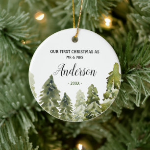 Waldkiefern - Erste Weihnachten als Herr und Frau Keramik Ornament