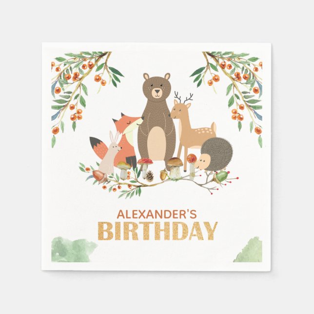 Waldland Birthday Party Tiere Gold Serviette (Vorderseite)