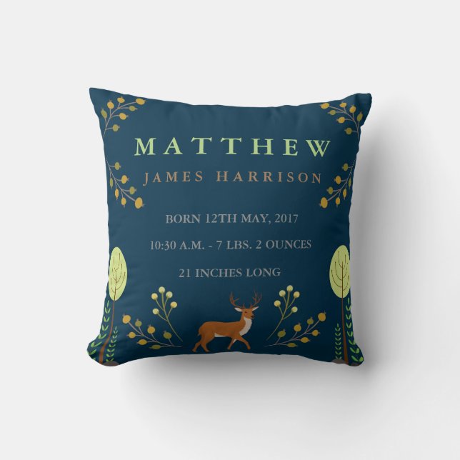 Waldland Deer Birth Announcement Pillow Kissen (Vorderseite)