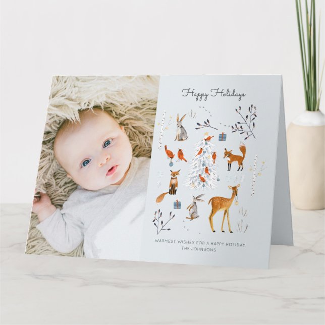 Waldland hellblauer Weihnachtsbaum und Tiere Karte (Vorderseite)