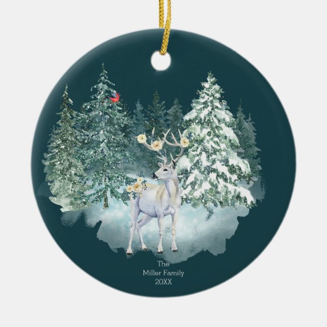 Waldland Hirsch Winterwald Keramik Ornament (Vorne)