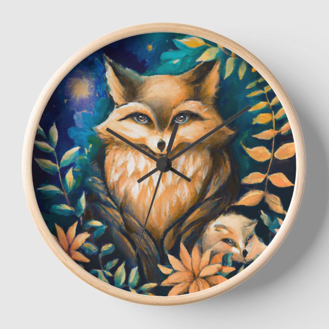 Waldland Mitternacht FOX - Kinderzimmer Uhr (Vorderseite)